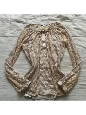 Roz & Ali Cream Lace Knit Tie Neck Blouse Romantic Cottagecore Boho XS